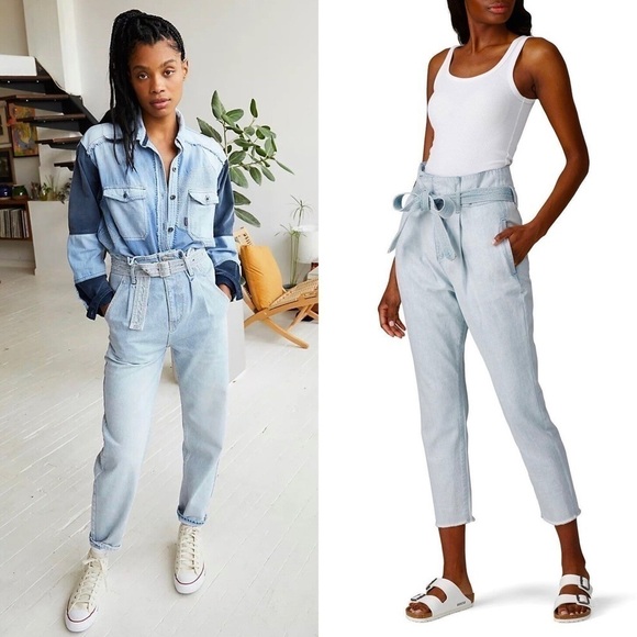 DL1961 Paperbag Waist 80s 90s High Rise Acid Wash Denim Tapered Leg Jeans 32 - Picture 1 of 9